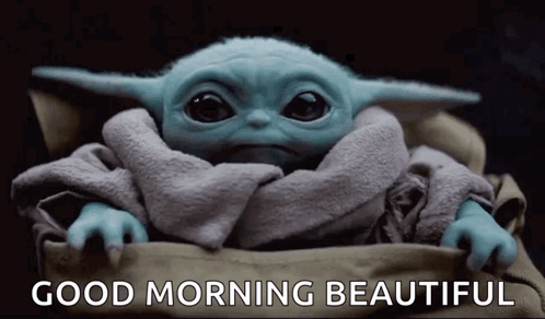 Baby Yoda Sitting in Blanket Saying Good Morning