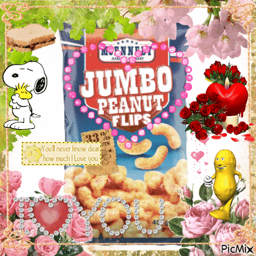 Bag Of Jumbo Peanut Flips Surrounded By Flowers GIF