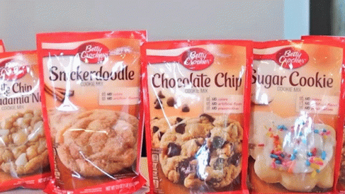 Bags of Betty Crocker Cookie Mix Lined Up