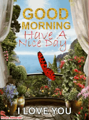 Balcony With Flowers and Butterfly Saying Good Morning