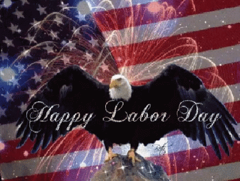 Bald Eagle on Rock With American Flag Fireworks Happy Labor Day