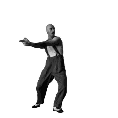 Bald Man Dancing in Overalls