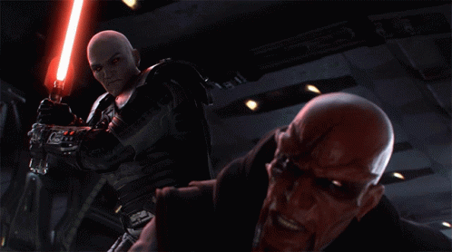 Bald Man Holding Red Light Saber