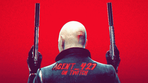 Bald Man Holding Two Guns Agent 427 on Twitch on Back