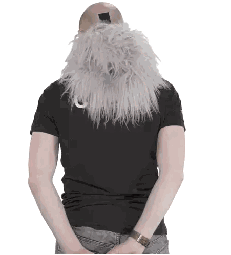 Bald Man in Black Shirt and White Fur Scarf