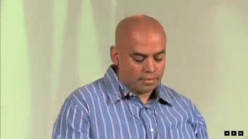Bald Man In Blue And White Striped Shirt With Headphones GIF