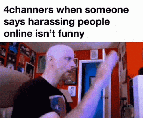 Bald Man in Front of Red Wall Saying 4channers When Someone Says Harassing
