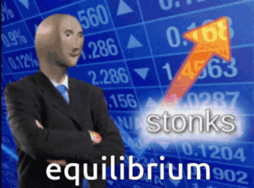Bald Man in Suit Standing Before Stonks Equilibrium Chart