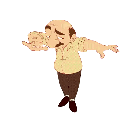 Bald Man in Yellow Shirt Pointing