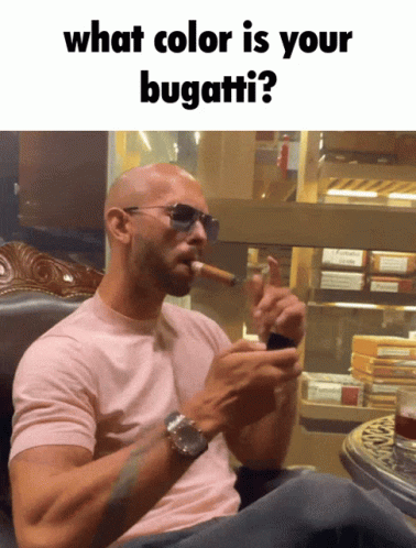 Bald Man Smoking Cigar Saying What Color Is Your Bugatti