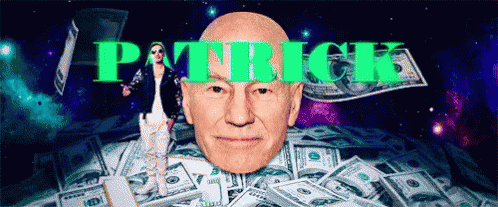 Bald Man Standing In Front Of Pile Of Money With Patrick Above GIF