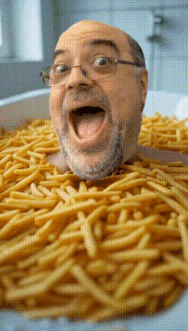 Bald Man With Glasses Laying in Bowl of French Fries