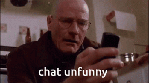 Bald Man With Glasses Looking at Phone With Chat Unfunny Above