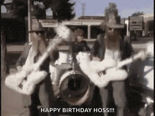 Band Playing Guitars And Drums Saying Happy Birthday Hoss GIF