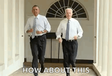 Barack Obama And Joe Biden Are Running Down A Hallway Together . GIF