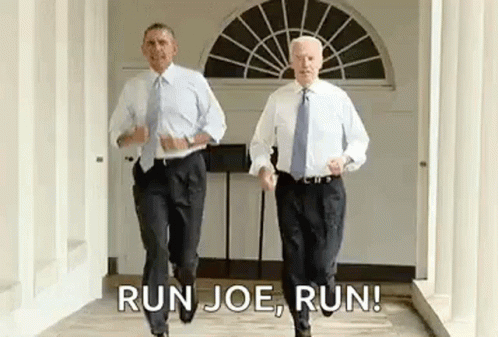 Barack Obama and Joe Biden Running Down Hallway