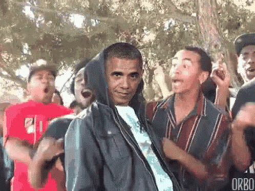 Obama Dancing With Group In Hooded Jacket GIF