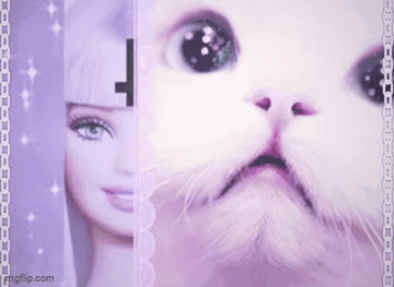 Barbie Doll and White Cat on Purple Background