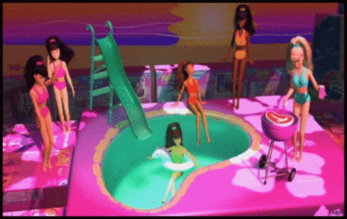 Barbie Dolls Playing in Pool With Slide and Grill