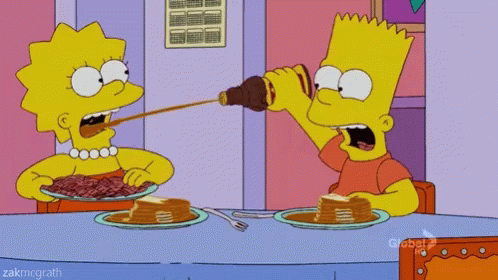 bart simpson and lisa simpson are sitting at a table eating pancakes
