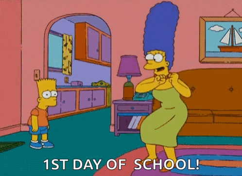 Bart Simpson And Marge Simpson In A Living Room With The Words 1St Day Of School Written On The Bottom GIF