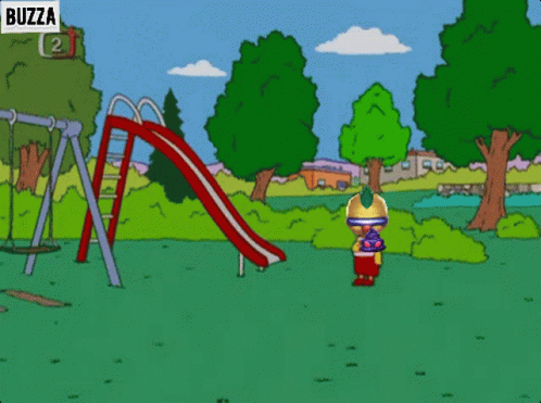 Bart Simpson at Slide With Buzza Sign