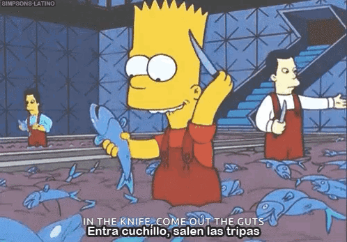 Bart Simpson Holding Knife Saying In the Knife Come Out the Guts
