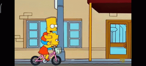bart simpson is carrying lisa simpson on his back while riding a bicycle .