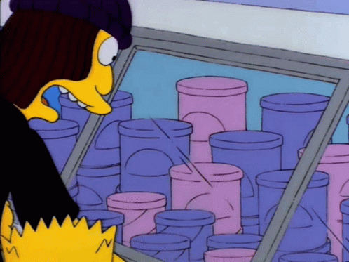 Bart Simpson Is Looking At A Display Of Pink And Purple Bottles GIF