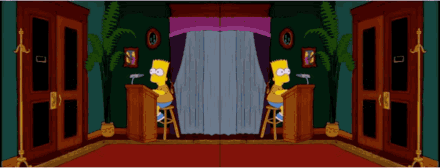 Bart Simpson Is Sitting At A Desk In Front Of A Microphone In A Room With A Door That Has The Number 275 On It GIF