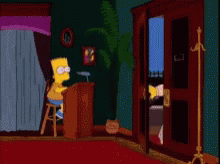 Bart Simpson Is Sitting At A Desk While A Man In A Hat Stands In Front Of A Door GIF