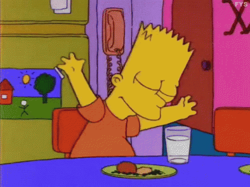 Bart Simpson Is Sitting At A Table With A Plate Of Food And A Glass Of Water .. GIF