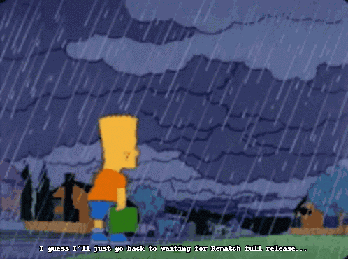 bart simpson is standing in the rain and says i guess i 'll just go back to waiting