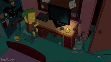 Bart Simpson Sitting at Computer Holding Remote Control