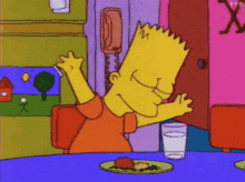 Bart Simpson Sitting at Table with Water and Food