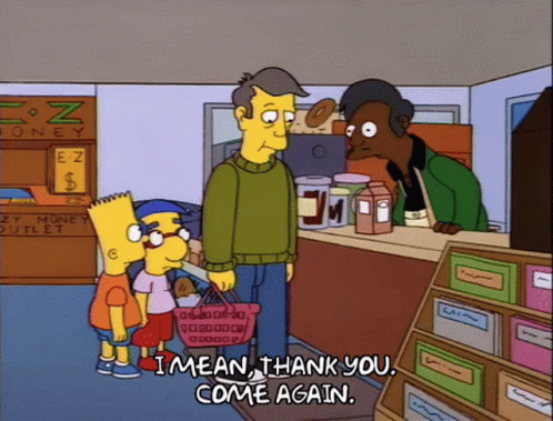 Bart Simpson Standing In Store Saying I Mean Thank You Come Again GIF