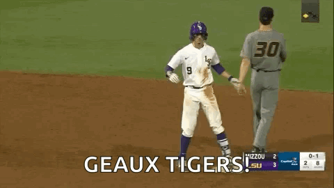 Baseball Player Arms in Air Saying Geaux Tigers