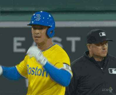 Baseball Player Blue Helmet Yellow Jersey Boston