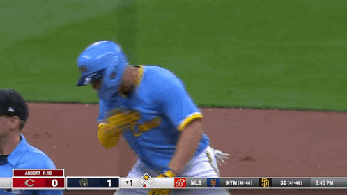 Baseball Player in Blue Jersey Saying Crew