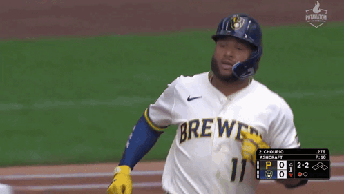 Baseball Player in Brewers Jersey Running to Home Plate