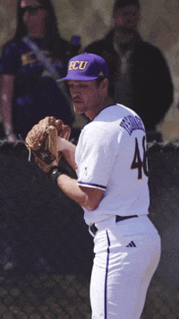 Baseball Player In Purple Hat Saying ECU GIF