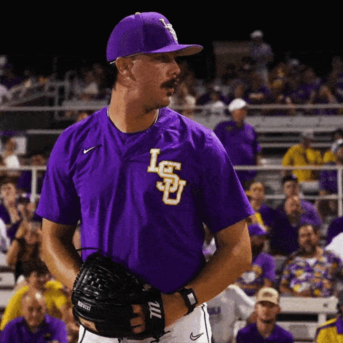 Baseball Player in Purple LSU Jersey