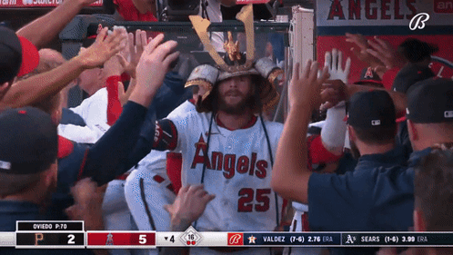 Baseball Player in Samurai Hat Surrounded by Angels Fans