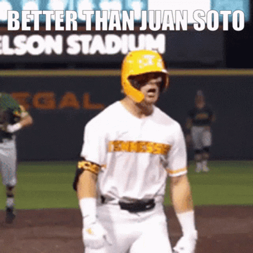 Baseball Player In Yellow Helmet Saying Better Than Juan Soto GIF
