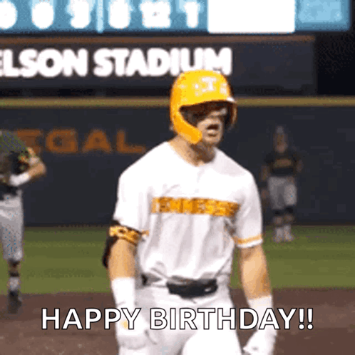 Baseball Player in Yellow Helmet Says Happy Birthday