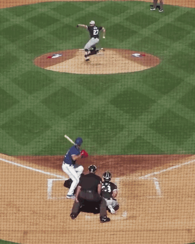 Baseball Player Number 27 Swinging At Pitch GIF