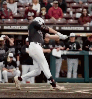 Baseball Player Swinging at Ball Near Hailstate Sign