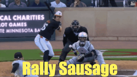Baseball Player Swinging at Ball Rally Sausage