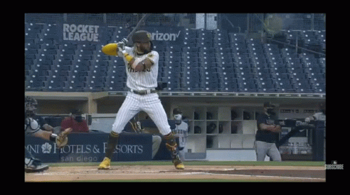Baseball Player Swinging At Pitch Near Rocket League Sign GIF