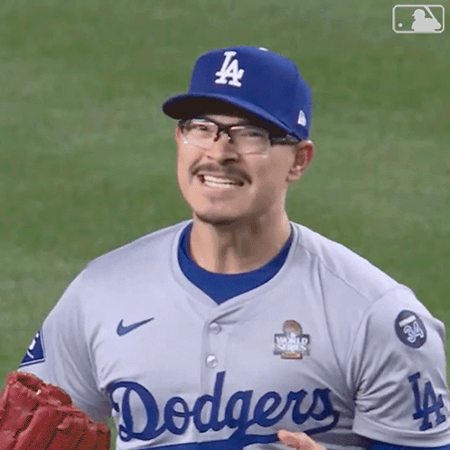 Baseball Player Wearing Glasses and Dodgers Jersey